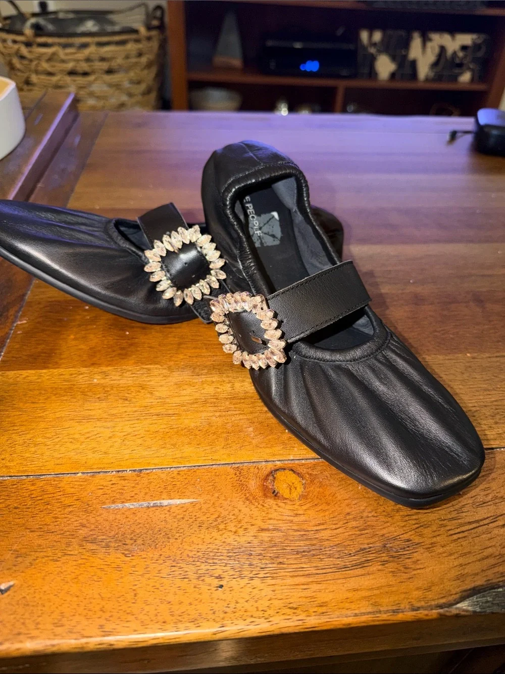 Free people Simple Black Flats with Crystal Square Buckles